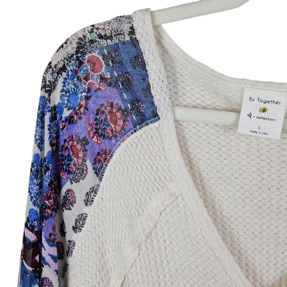 By‎ Together Wrap Look Waffle Knit Pullover Blouse Contrast Sleeves Size Large - Picture 3 of 12